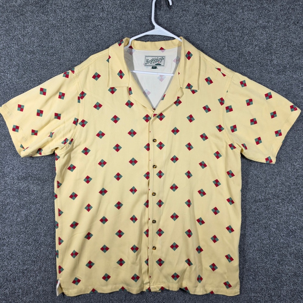 Bogey Boys Golf Shirt Mens Medium Macklemore Button Up Geometric Rayon Yellow